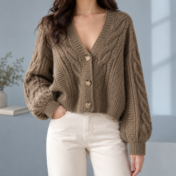 Ysella Women's cropped cable knit v-neck cardigan - Elena Harper