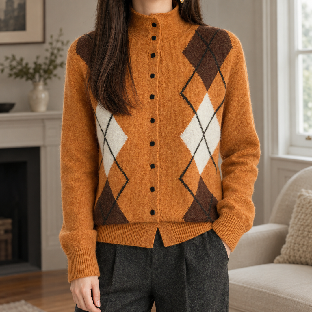 Women's Argyle Mock Neck Button-Through Cardigan – Wenna