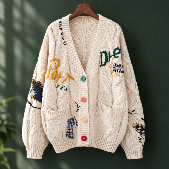 Hermione Women's embroidered chunky cable knit cardigan - Elena Harper