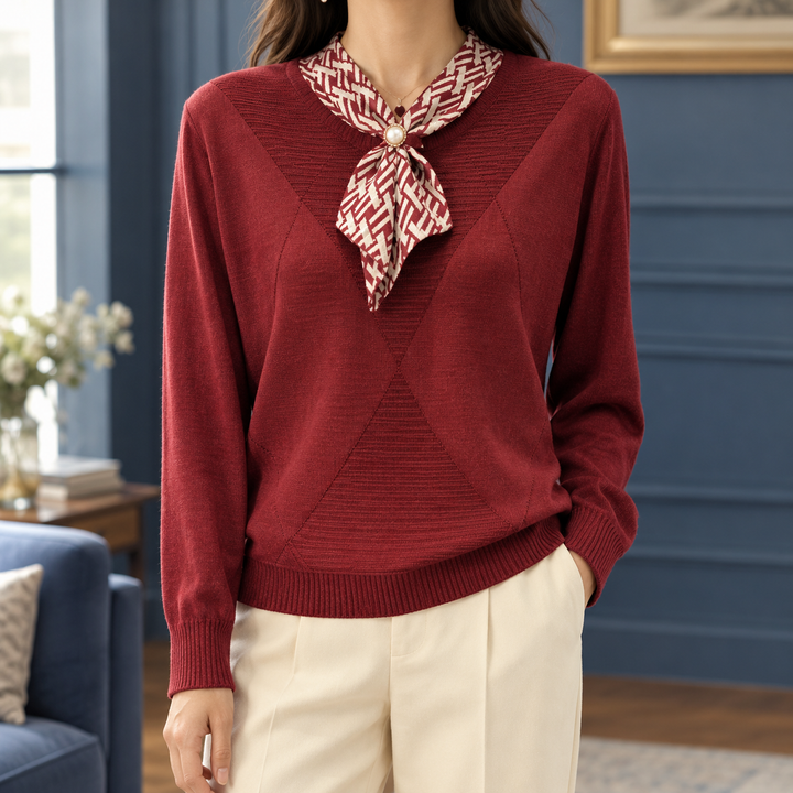 Women's Fine Knit Jumper with Scarf Neck Tie Marcelle - Elena Harper