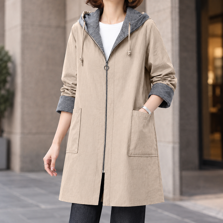 Women's Hooded Zip-Up Mid-Length Coat with Patch Pockets Bosham - Elena Harper