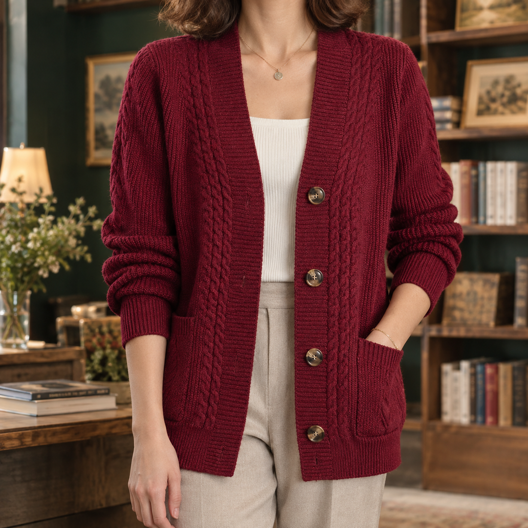 Women's Wool-Blend Cable Knit V-Neck Cardigan with Pockets Petula - Elena Harper