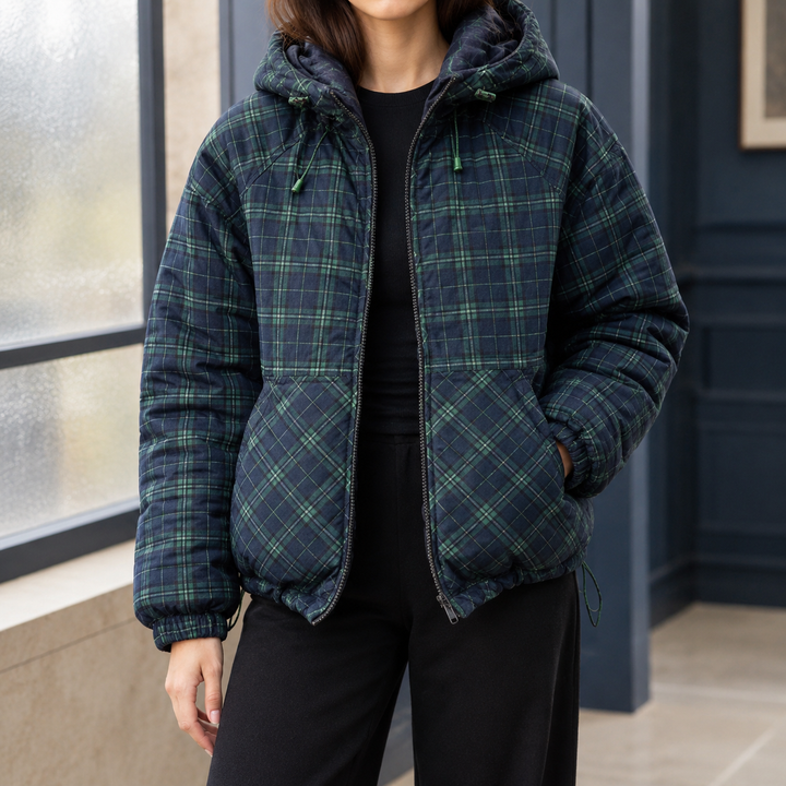 Women's Hooded Check Padded Jacket with Drawcord Hem Criccieth - Elena Harper