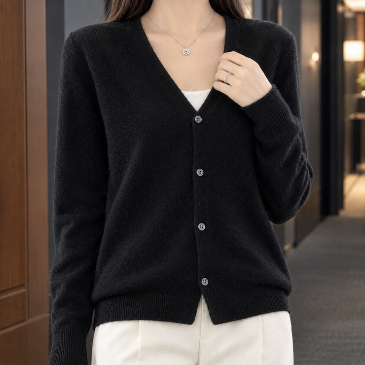 Fflur Women's fine wool knit v-neck button-through cardigan, view 2 - Elena Harper