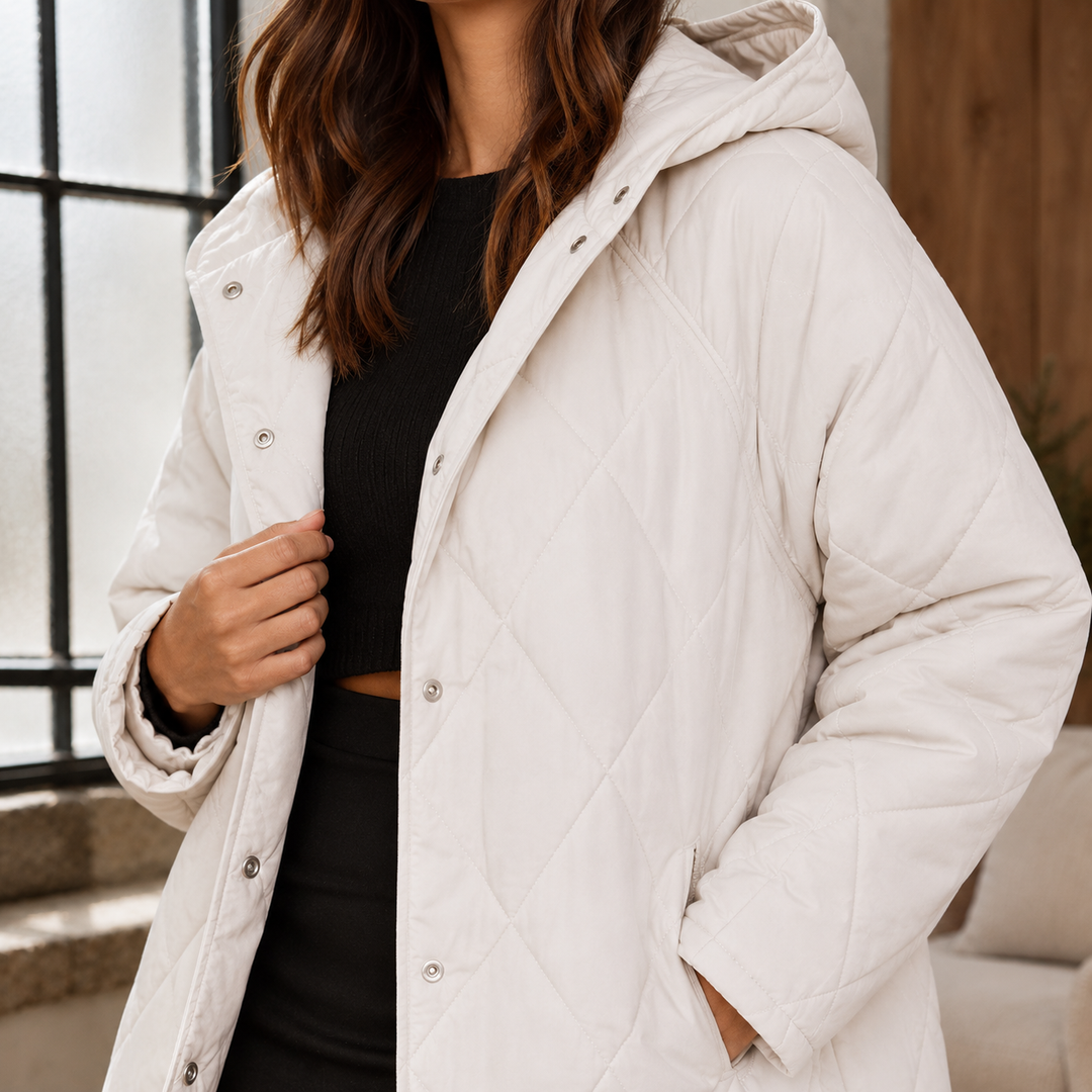 Women's Hooded Diamond Quilted Longline Jacket Chesham, view 2 - Elena Harper