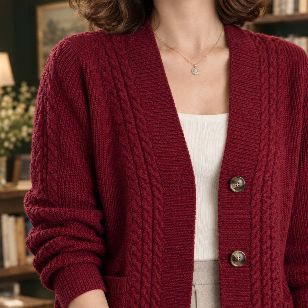 Women's Wool-Blend Cable Knit V-Neck Cardigan with Pockets Petula, view 2 - Elena Harper