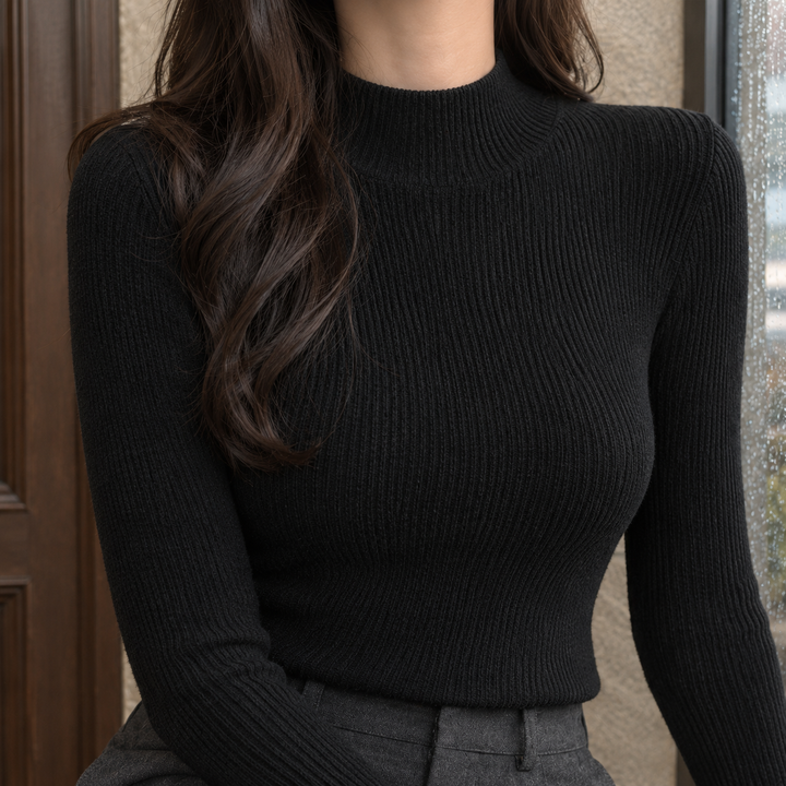 Women's Fitted Rib Knit Mock Neck Jumper Catriona, view 2 - Elena Harper