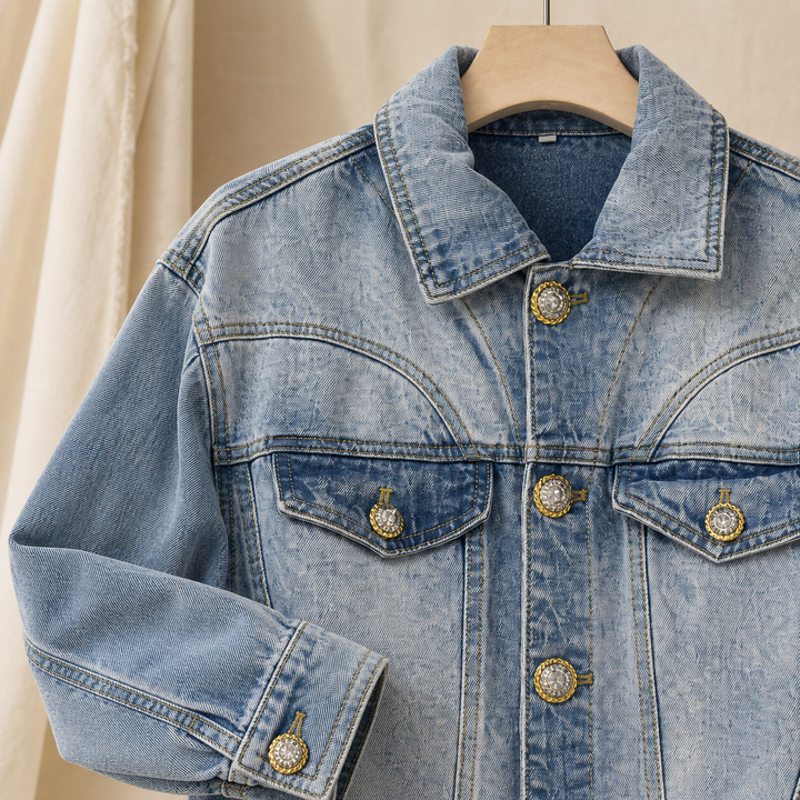 Women's Fitted Peplum Denim Jacket with Button Front Bampton, view 2 - Elena Harper