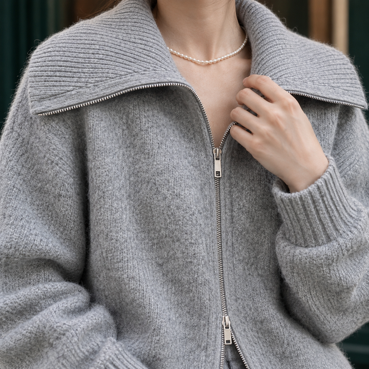 Hilda Women's zip-through knit cardigan with wide ribbed collar, view 2 - Elena Harper