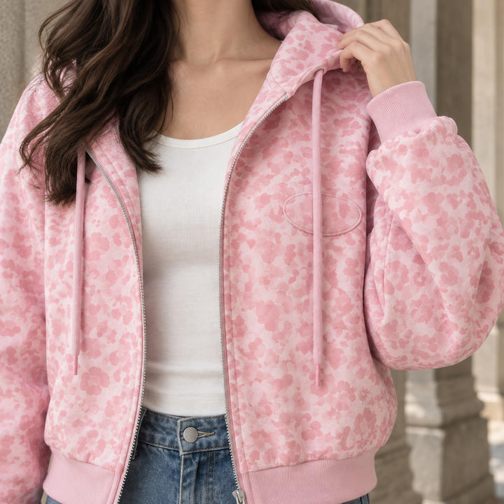 Women's Cropped Hooded Zip Jacket in Pink Print Shaftesbury, view 2 - Elena Harper