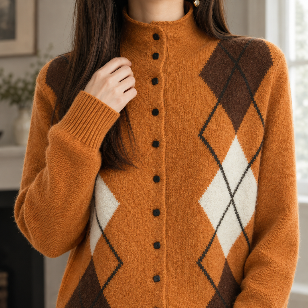 Women's Argyle Mock Neck Button-Through Cardigan – Wenna