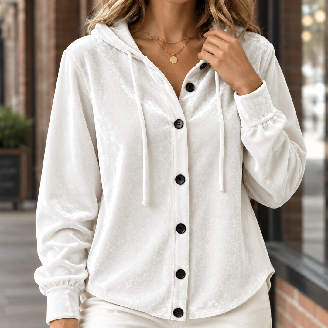 Women's Hooded Velvet Shacket with Drawstring Kerenza, view 2 - Elena Harper