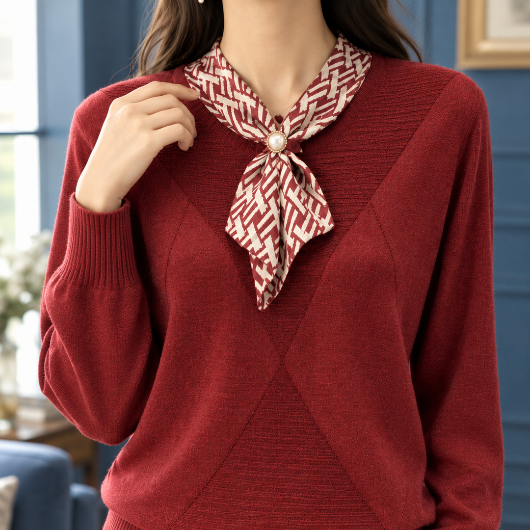 Women's Fine Knit Jumper with Scarf Neck Tie Marcelle, view 2 - Elena Harper