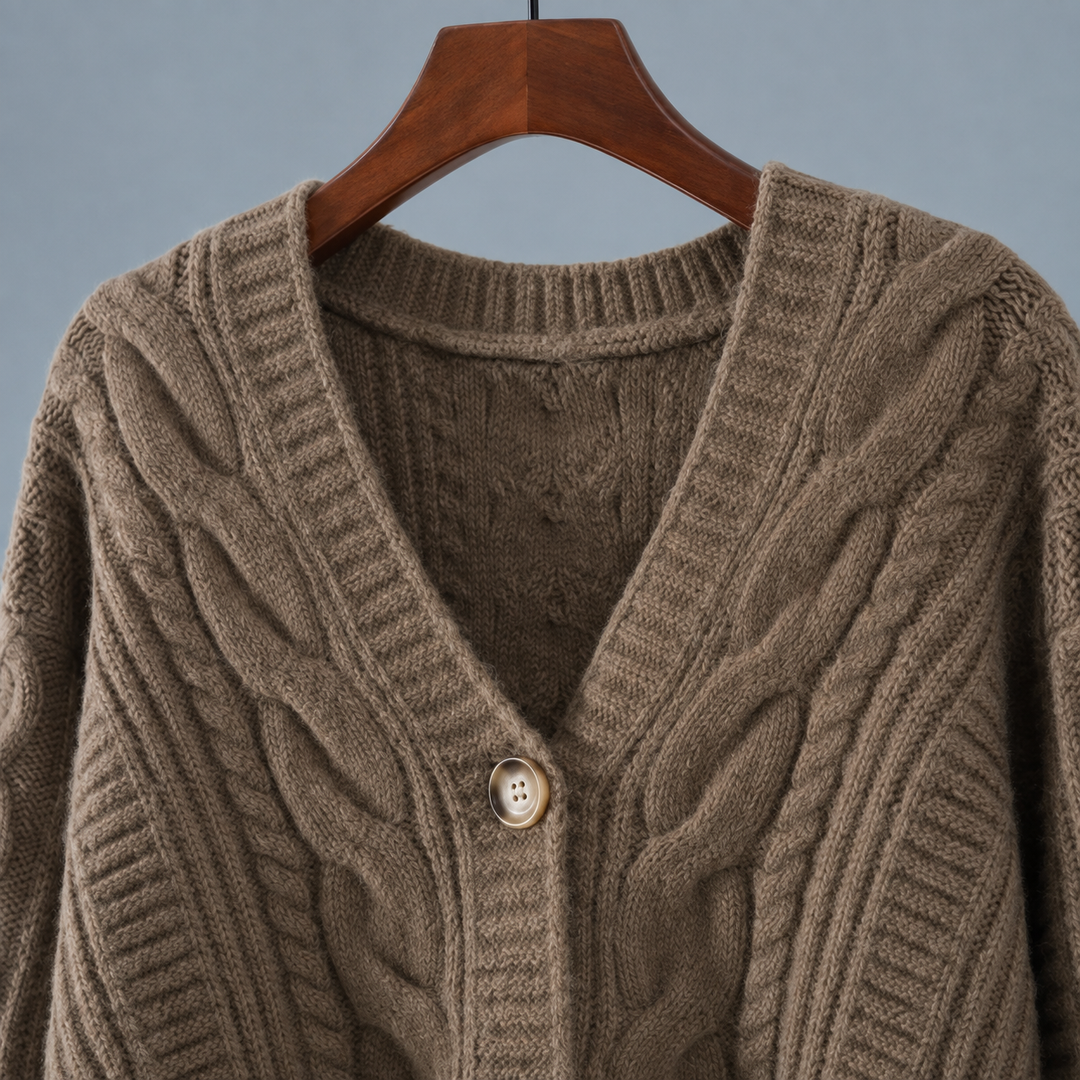 Ysella Women's cropped cable knit v-neck cardigan, view 2 - Elena Harper