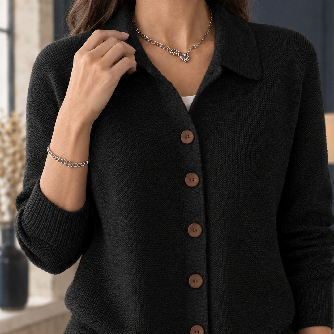 Women's Wool Collared Button-Through Cardigan Annis, view 2 - Elena Harper