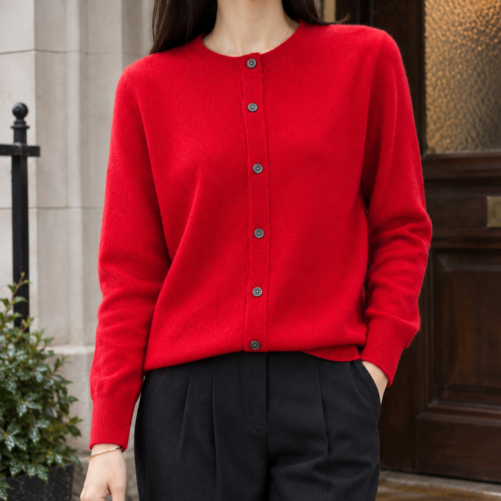 Women's Wool-Rich Crew Neck Button-Through Cardigan Paulette, view 2 - Elena Harper