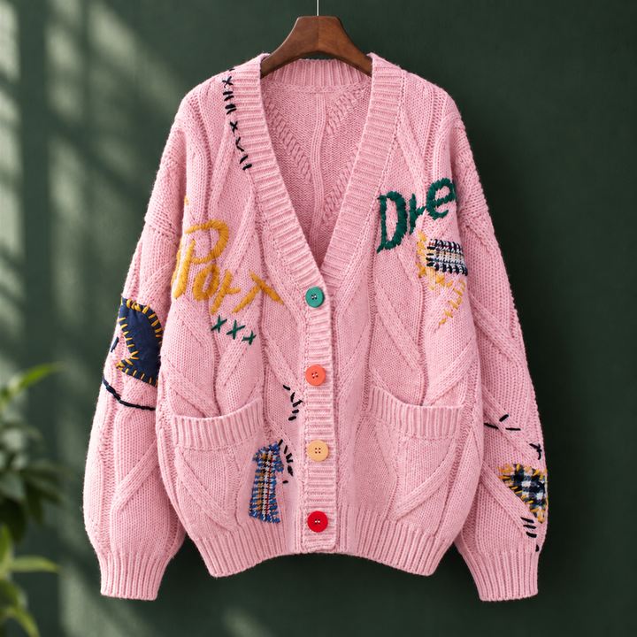 Hermione Women's embroidered chunky cable knit cardigan, view 3 - Elena Harper