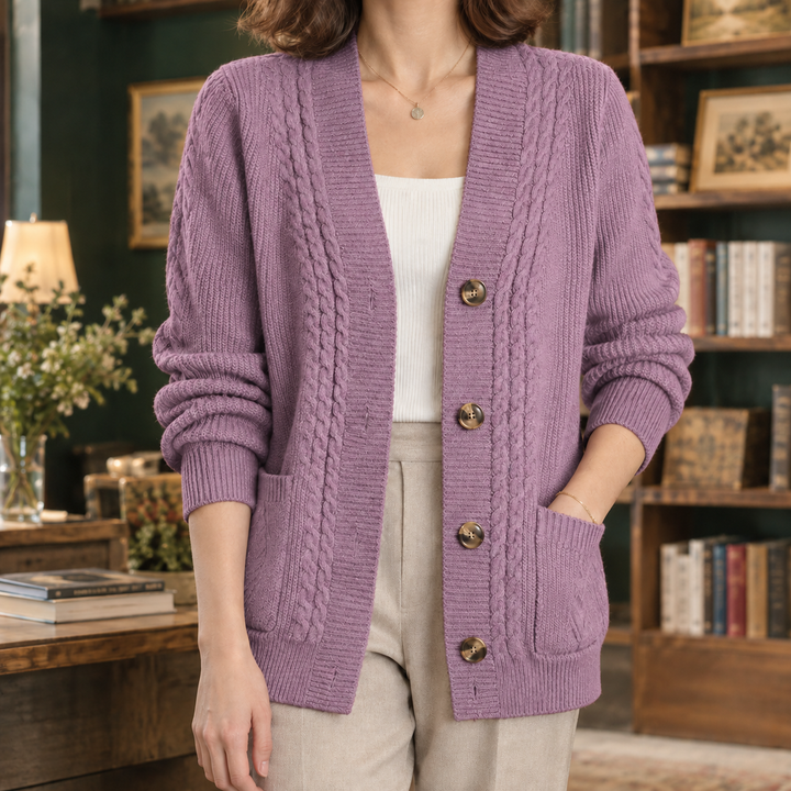 Women's Wool-Blend Cable Knit V-Neck Cardigan with Pockets Petula, view 3 - Elena Harper