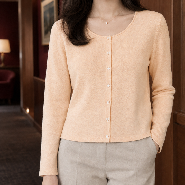 Women's Fine Knit Scoop Neck Button-Through Cardigan Morvoren, view 2 - Elena Harper