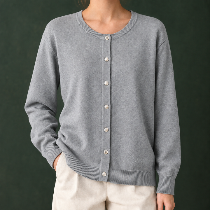 Women's Fine Knit Crew Neck Button-Through Cardigan Avis, view 3 - Elena Harper