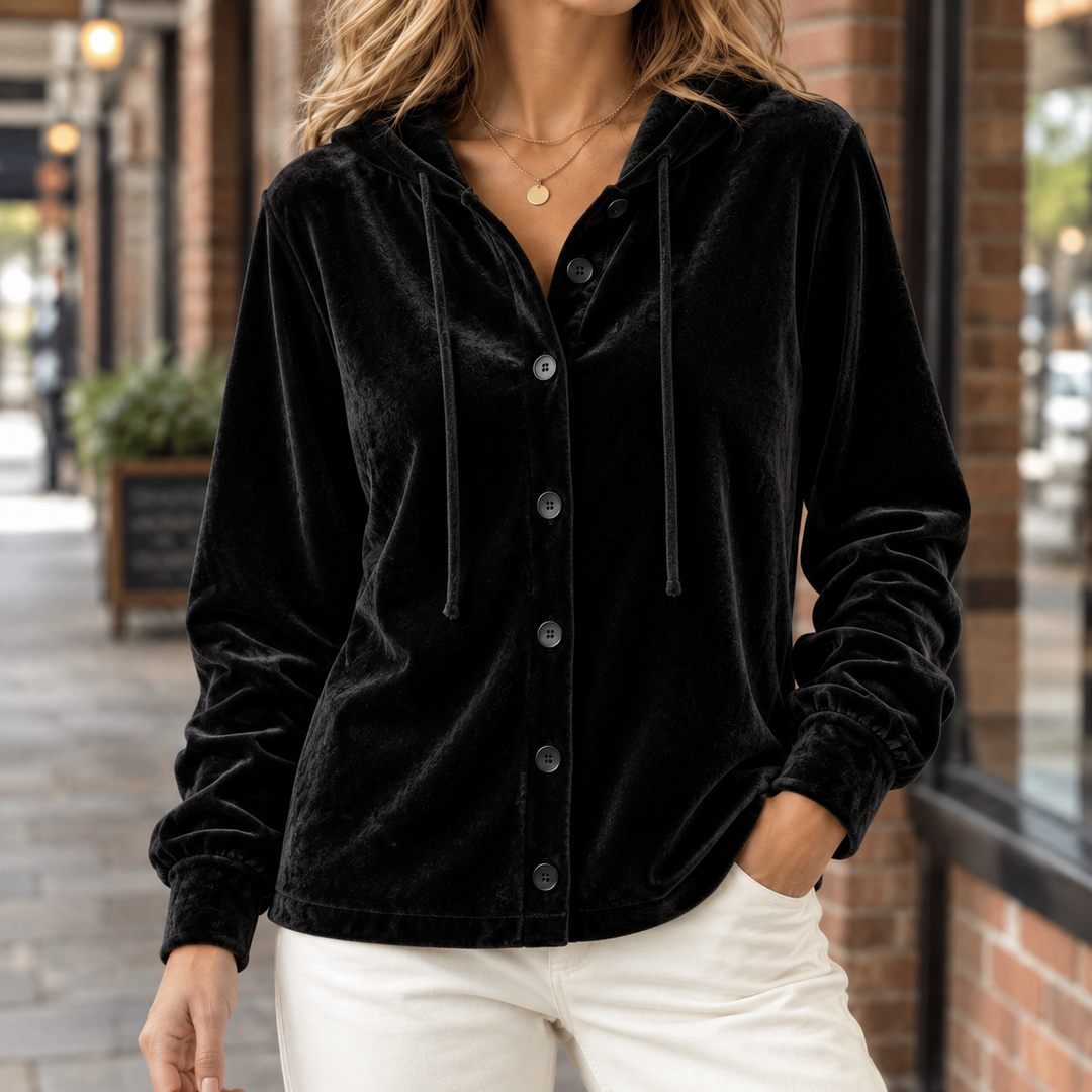 Women's Hooded Velvet Shacket with Drawstring Kerenza, view 3 - Elena Harper