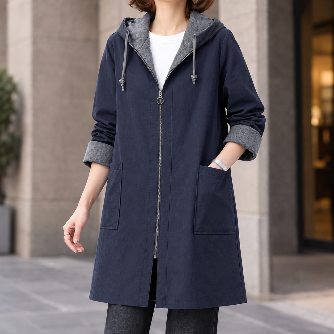 Women's Hooded Zip-Up Mid-Length Coat with Patch Pockets Bosham, view 3 - Elena Harper