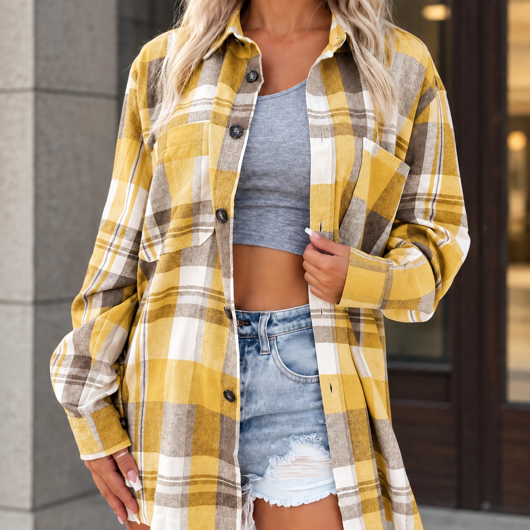 Women's Longline Check Shacket with Chest Pockets Peony, view 3 - Elena Harper