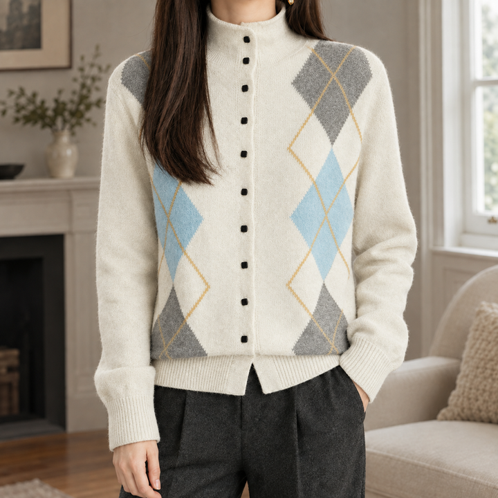 Women's Argyle Mock Neck Button-Through Cardigan – Wenna
