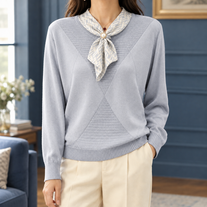 Women's Fine Knit Jumper with Scarf Neck Tie Marcelle, view 3 - Elena Harper