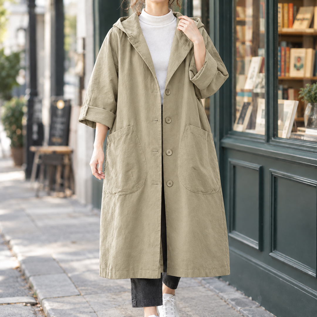 Women's Hooded Longline Button-Front Coat Stockbridge, view 3 - Elena Harper