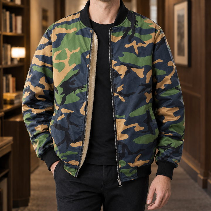 Finley Camouflage Bomber Jacket, view 3 - Elena Harper