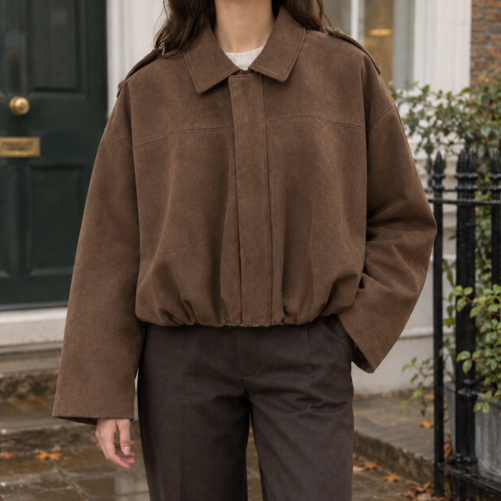 Women's Relaxed Suede-Effect Bomber Jacket with Concealed Zip – Skipton