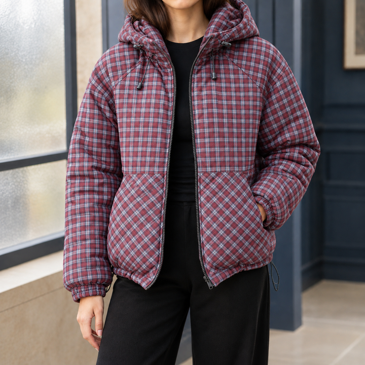 Women's Hooded Check Padded Jacket with Drawcord Hem Criccieth, view 3 - Elena Harper