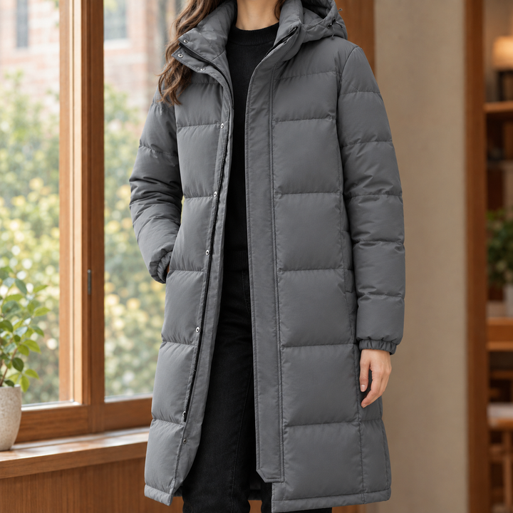 Women's Hooded Longline Quilted Puffer Coat Weymouth, view 3 - Elena Harper