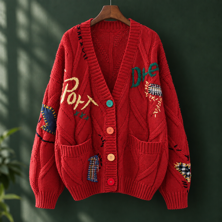 Hermione Women's embroidered chunky cable knit cardigan, view 4 - Elena Harper