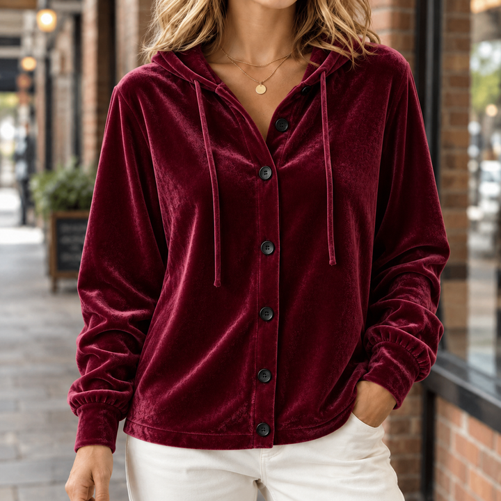Women's Hooded Velvet Shacket with Drawstring Kerenza, view 4 - Elena Harper
