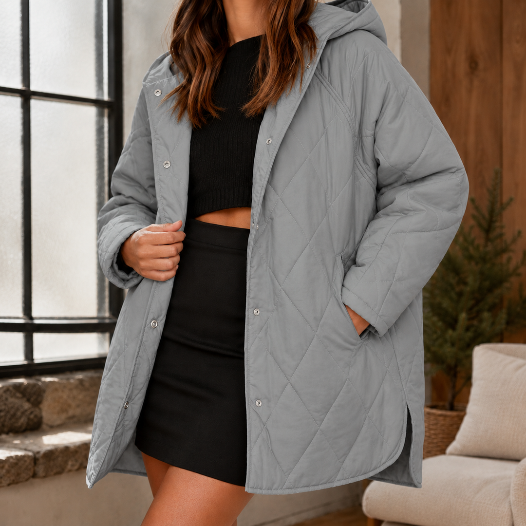Women's Hooded Diamond Quilted Longline Jacket Chesham, view 4 - Elena Harper