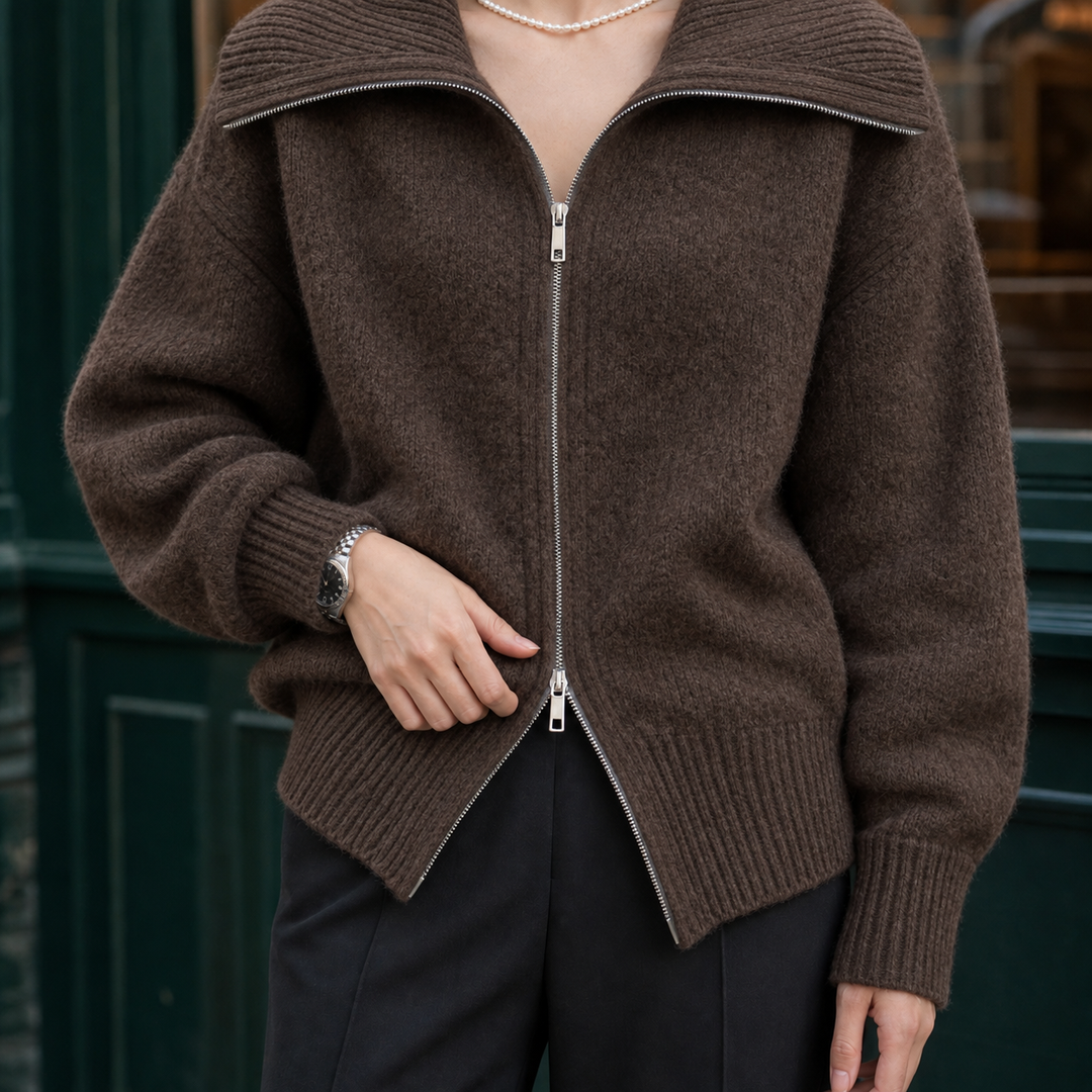 Hilda Women's zip-through knit cardigan with wide ribbed collar, view 4 - Elena Harper