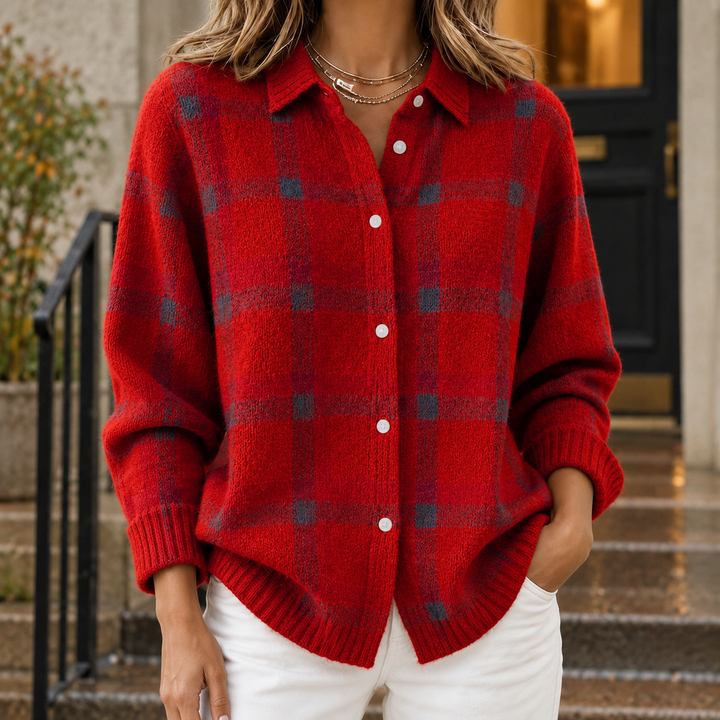 Women's Knitted Check Shacket with Ribbed Cuffs Solange, view 4 - Elena Harper