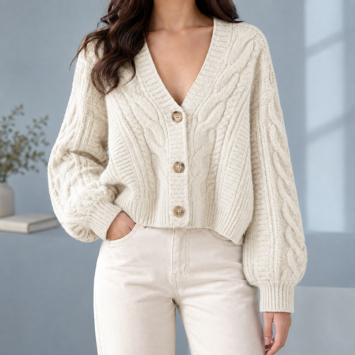 Ysella Women's cropped cable knit v-neck cardigan, view 4 - Elena Harper