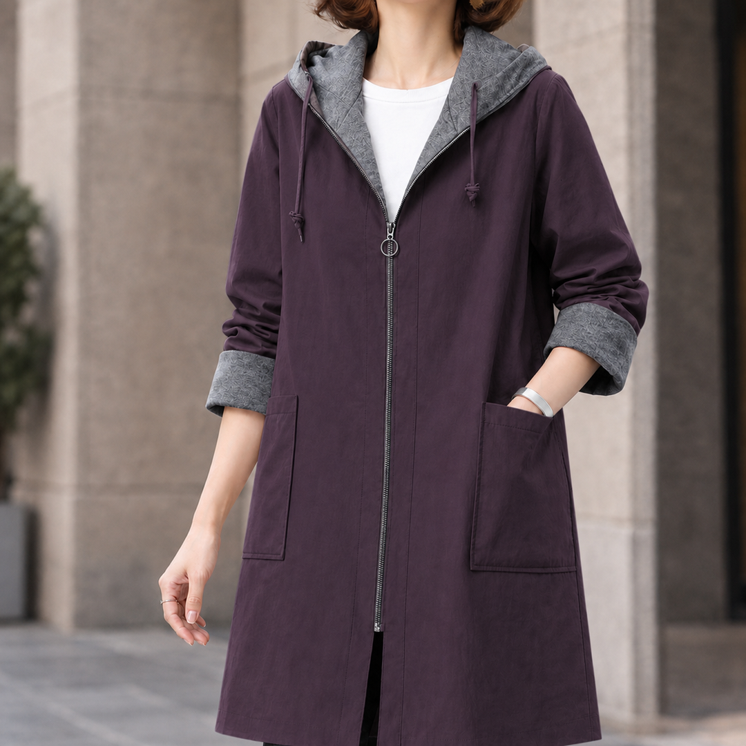 Women's Hooded Zip-Up Mid-Length Coat with Patch Pockets Bosham, view 4 - Elena Harper