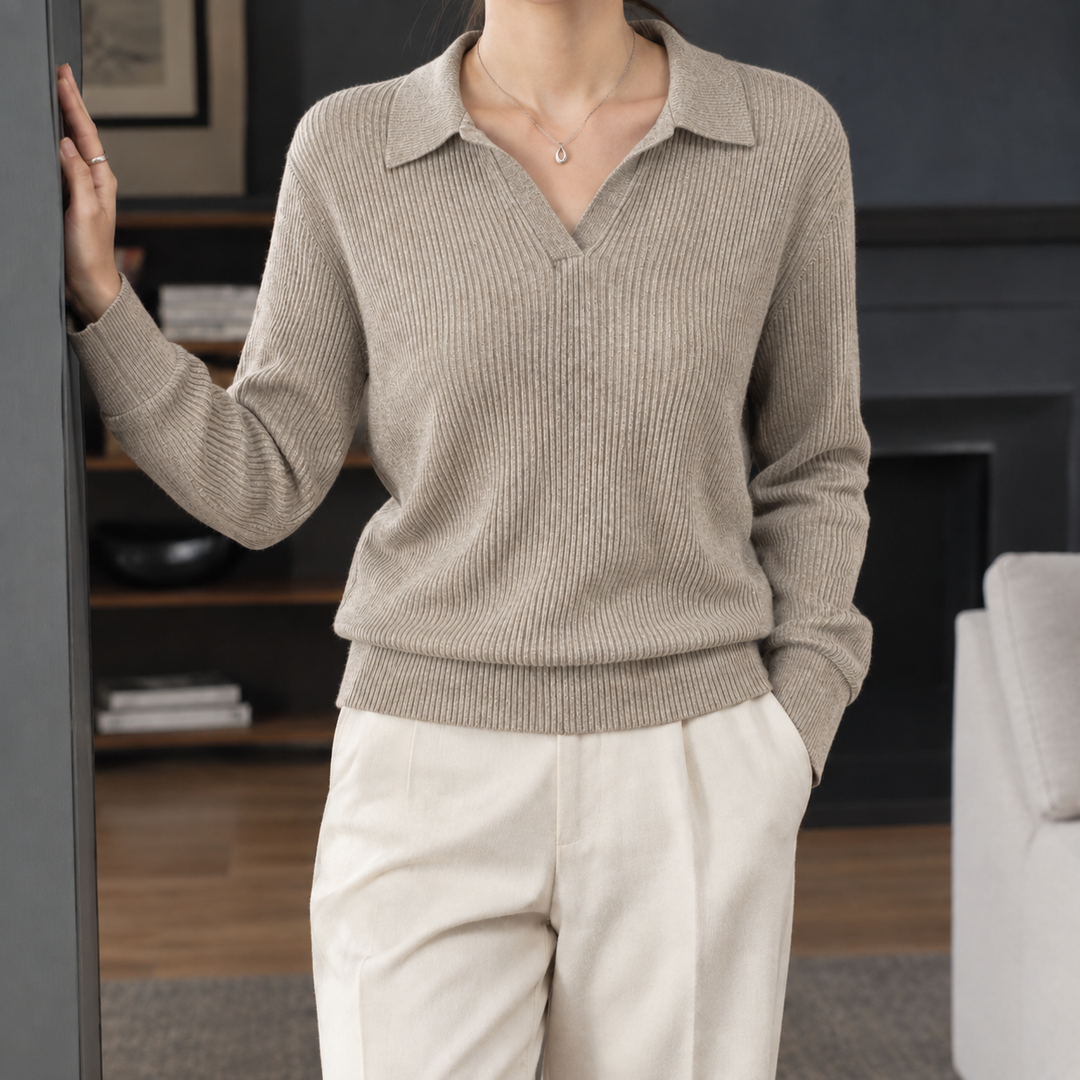 Women's Ribbed Knit Polo Collar Jumper Janet, view 3 - Elena Harper