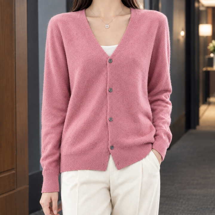 Fflur Women's fine wool knit v-neck button-through cardigan, view 4 - Elena Harper