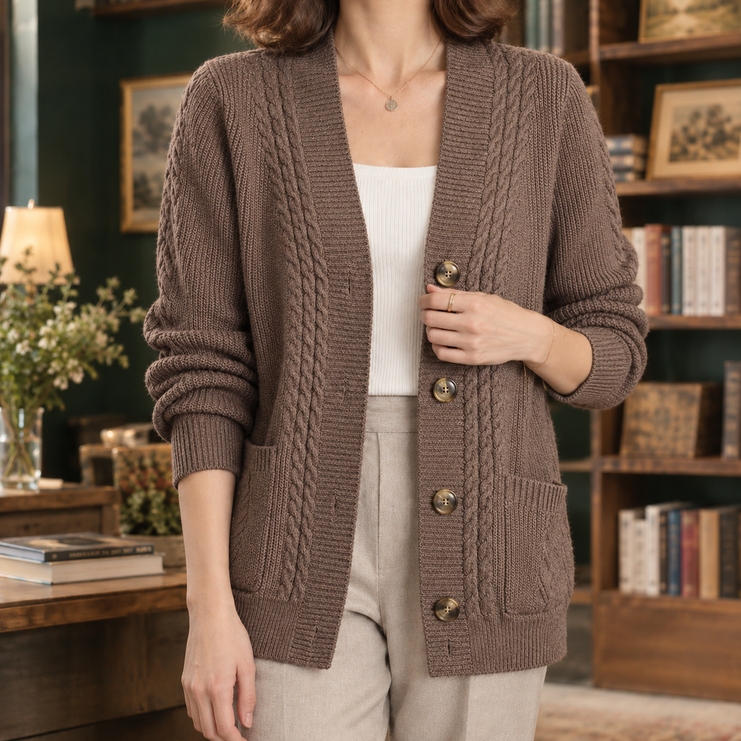 Women's Wool-Blend Cable Knit V-Neck Cardigan with Pockets Petula, view 4 - Elena Harper