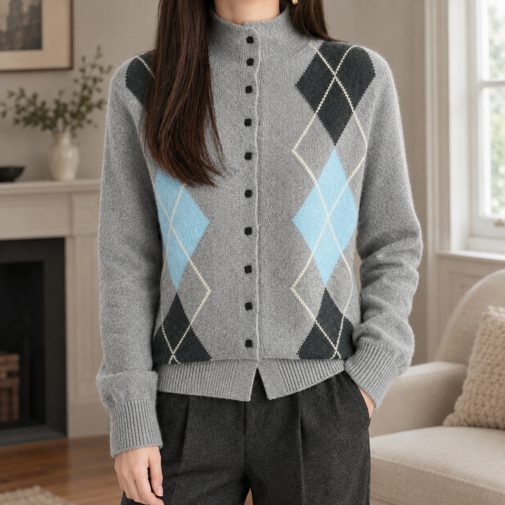 Women's Argyle Mock Neck Button-Through Cardigan – Wenna