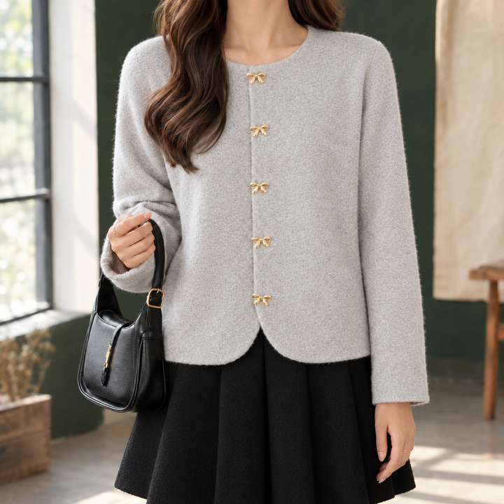 Women's Round Neck Cardigan with Bow Buttons Avice, view 4 - Elena Harper