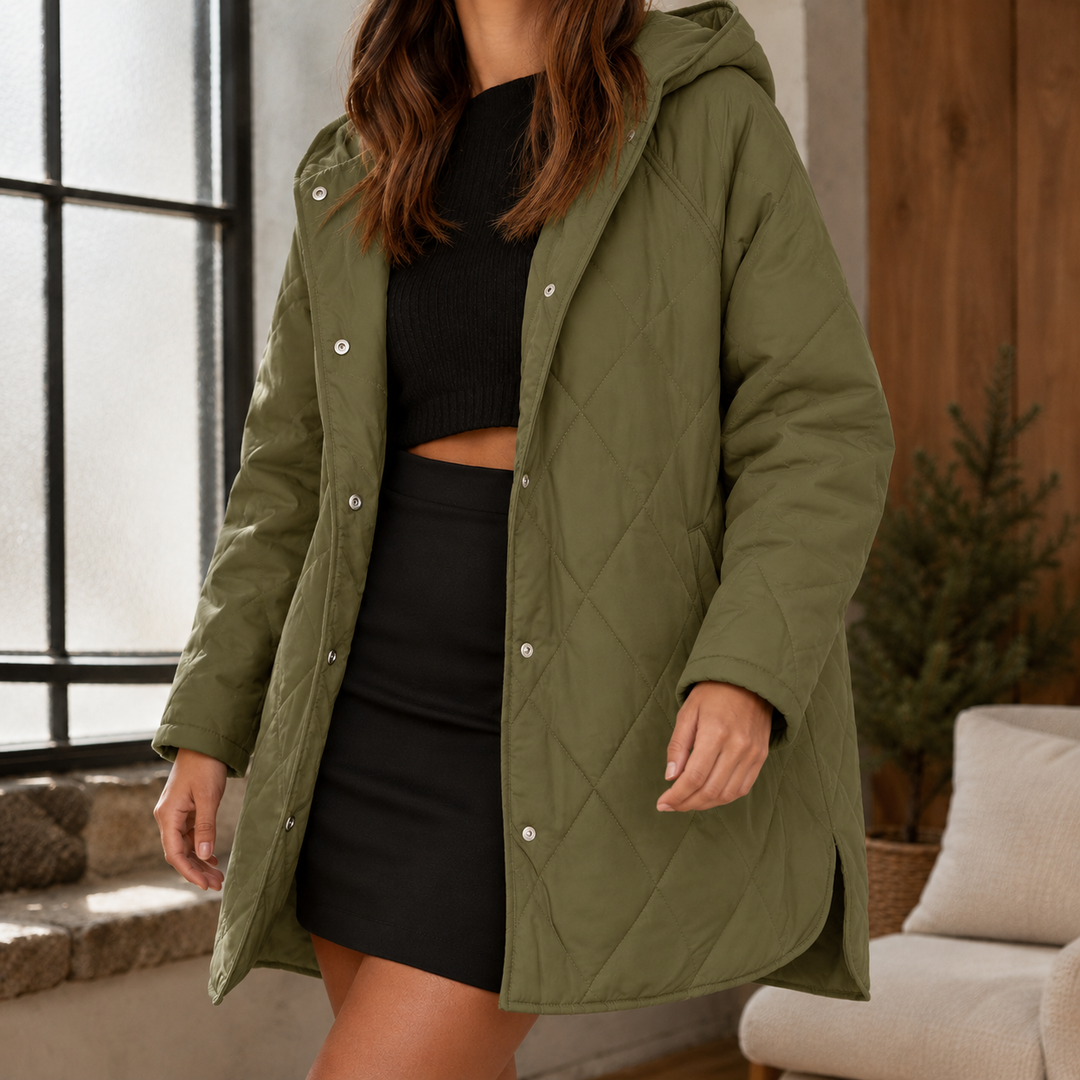 Women's Hooded Diamond Quilted Longline Jacket Chesham, view 5 - Elena Harper