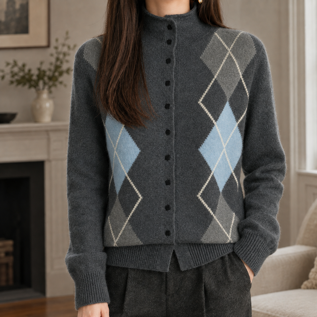 Women's Argyle Mock Neck Button-Through Cardigan – Wenna