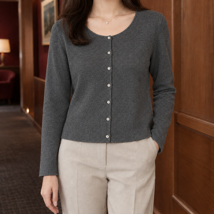 Women's Fine Knit Scoop Neck Button-Through Cardigan Morvoren, view 4 - Elena Harper