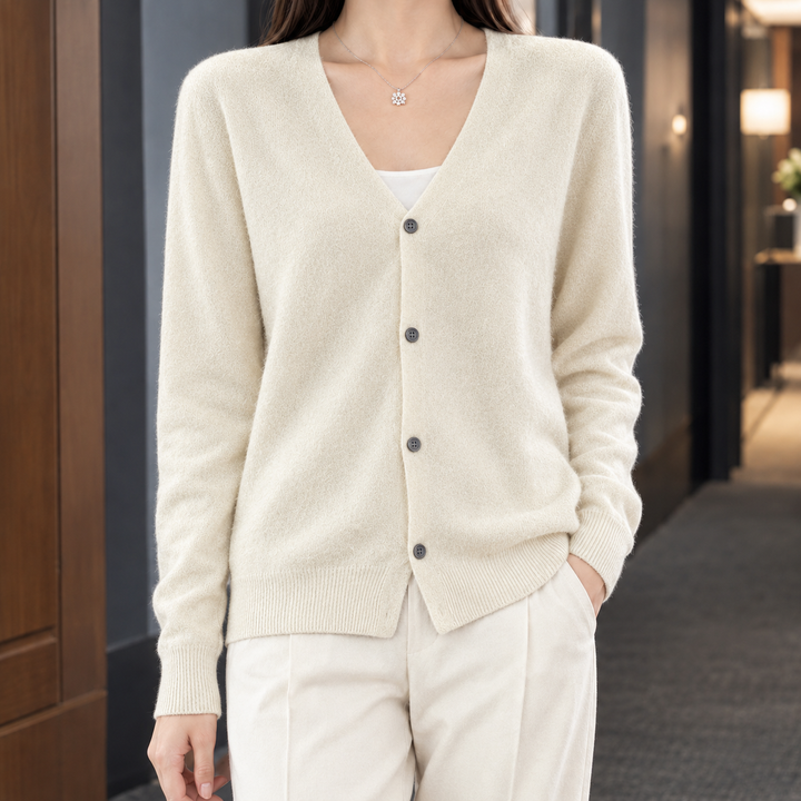 Fflur Women's fine wool knit v-neck button-through cardigan, view 5 - Elena Harper